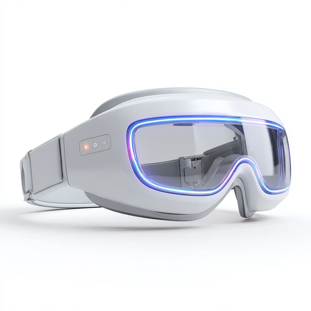 Silver smart device with an illuminated blue visor