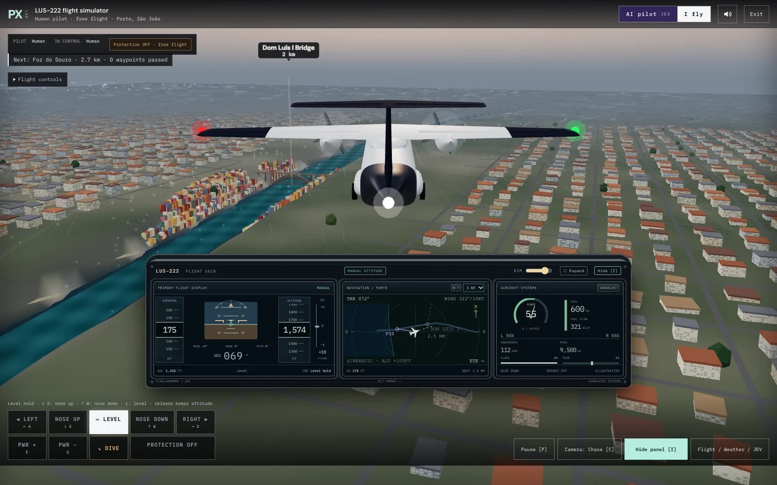LUS–222 flight simulator showing the aircraft over Porto with flight instruments and telemetry