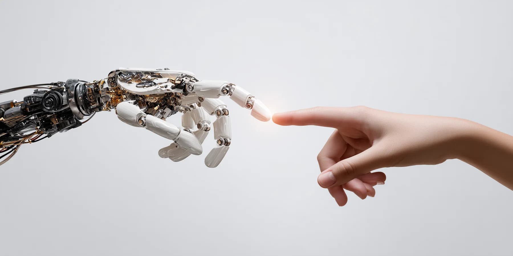 A robotic hand reaching towards a human hand
