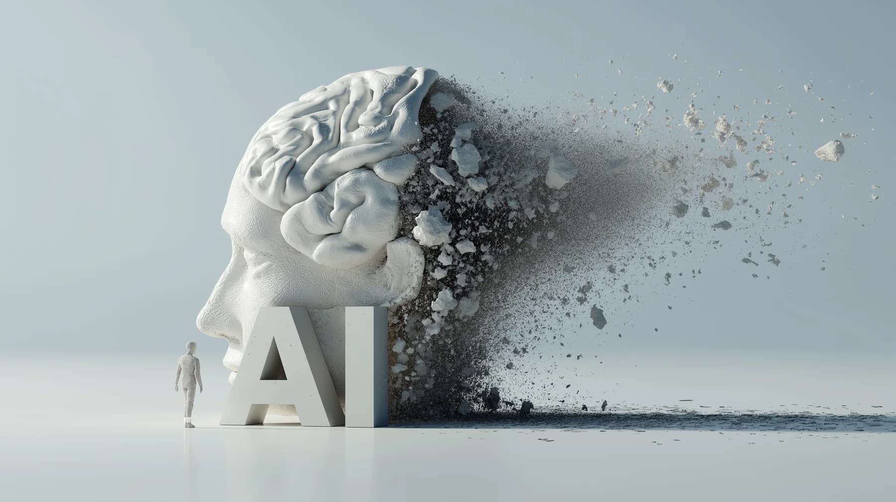 Sculptural human head dissolving into an artificial intelligence motif