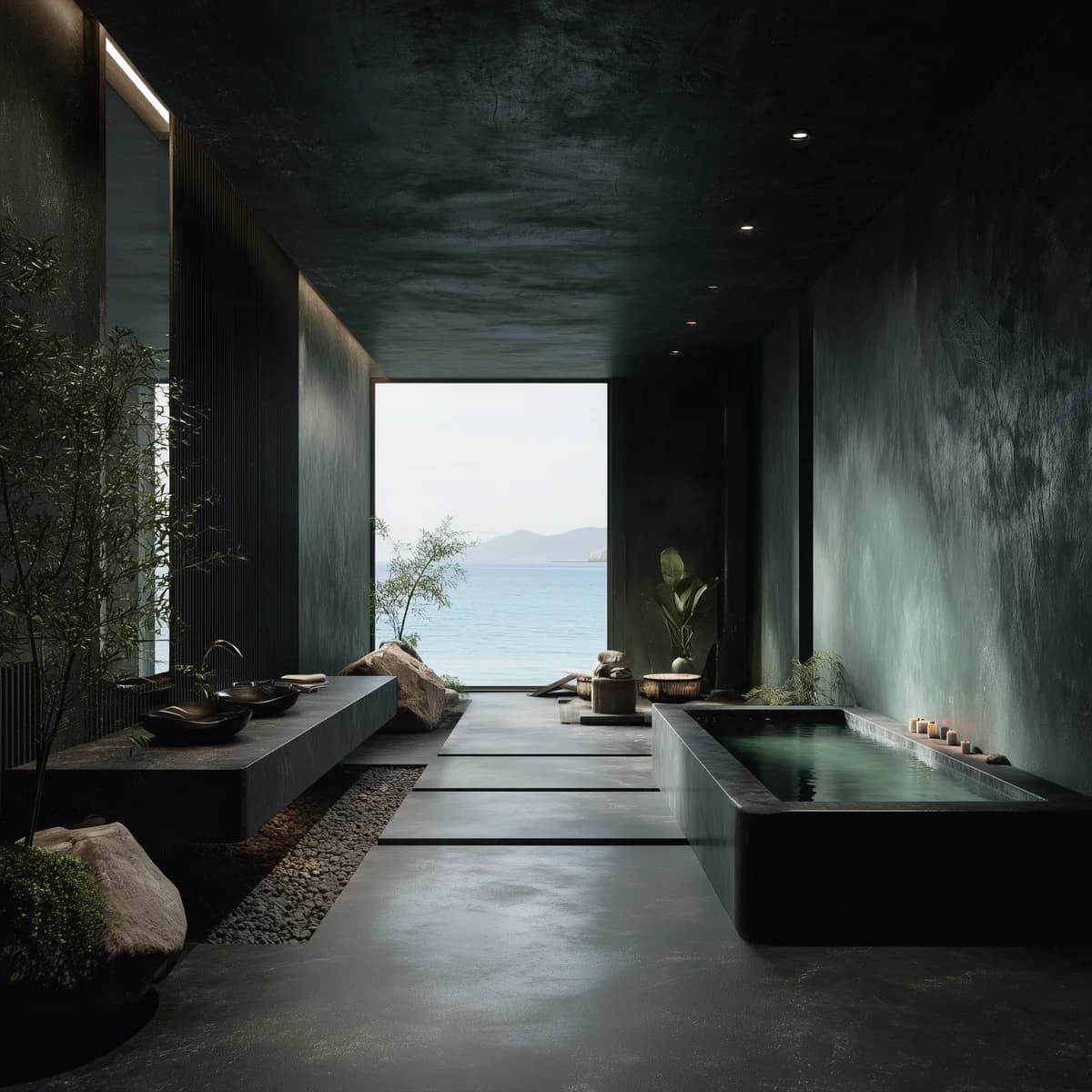 Atmospheric spa interior with dark stone and green accents