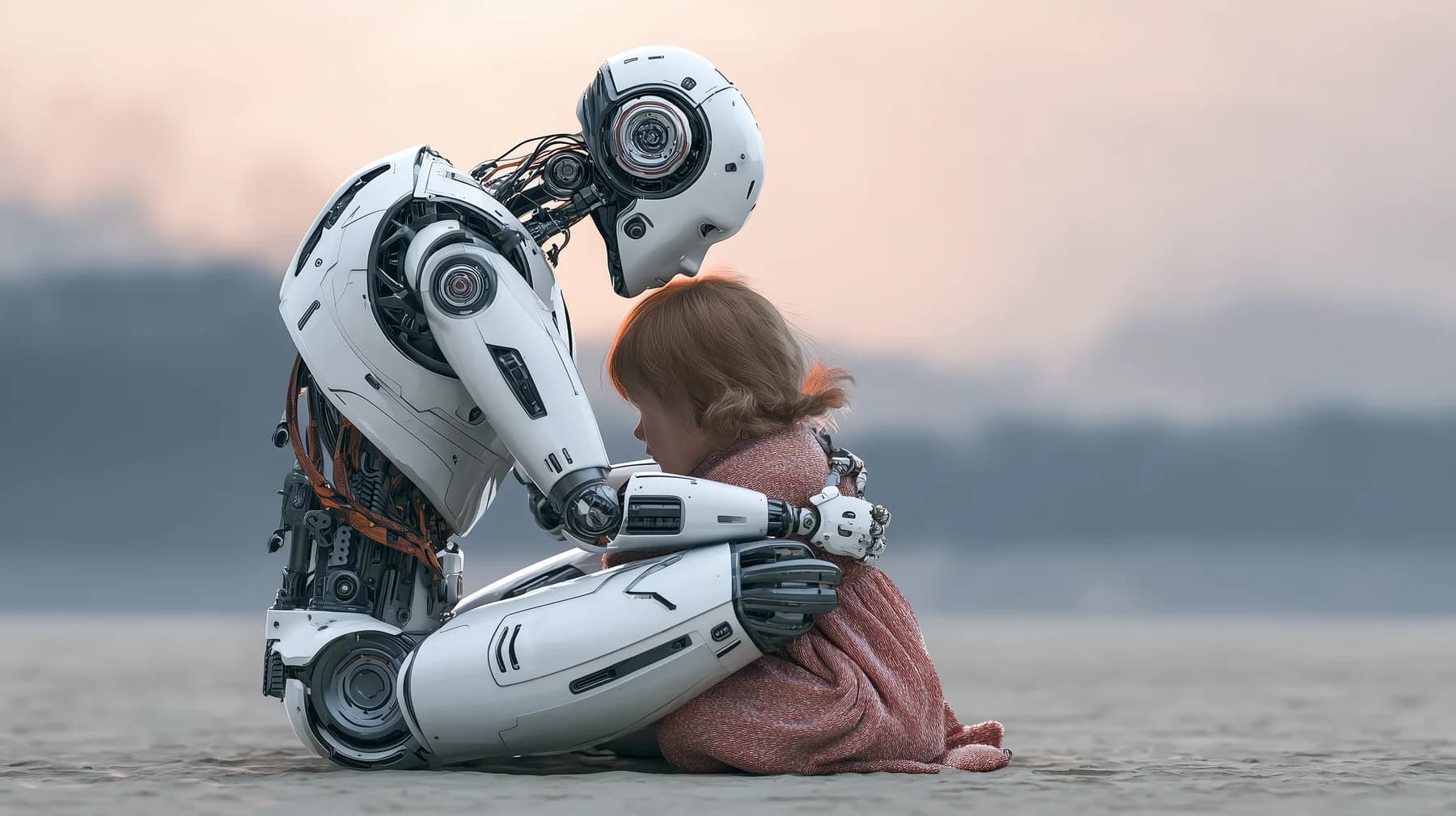 Humanoid robot holding a child in a warm embrace