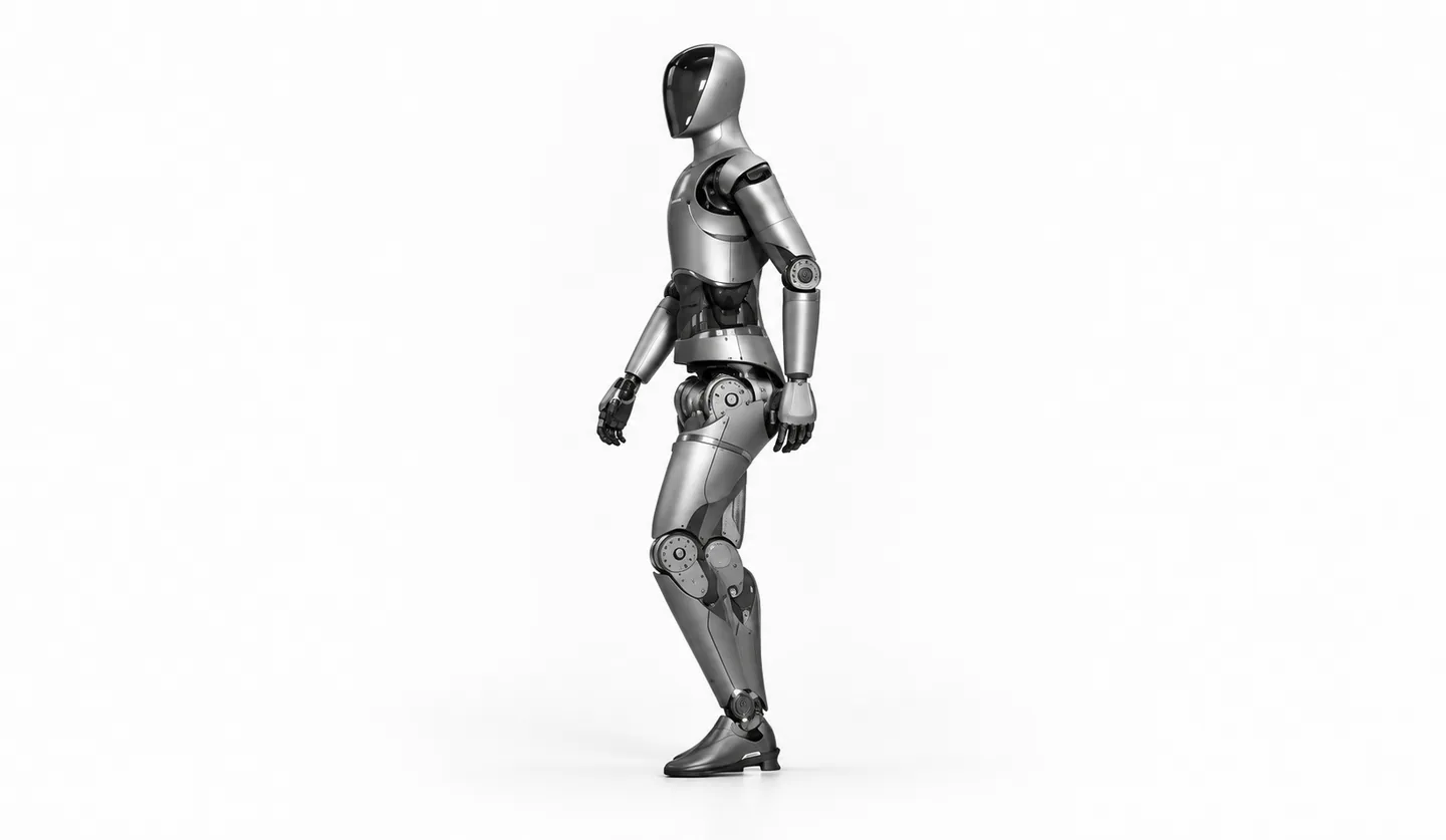A silver humanoid robot on a white studio background