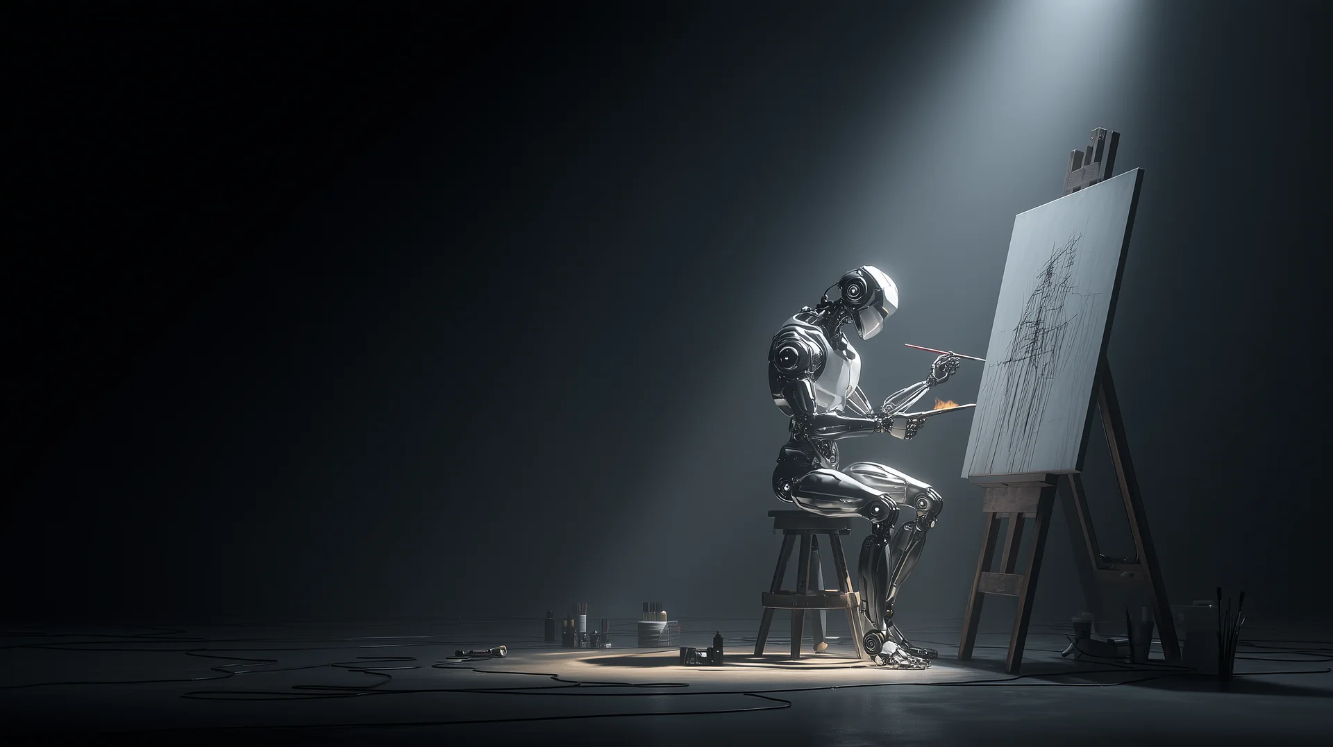 A silver robot painting at an easel in a dark studio